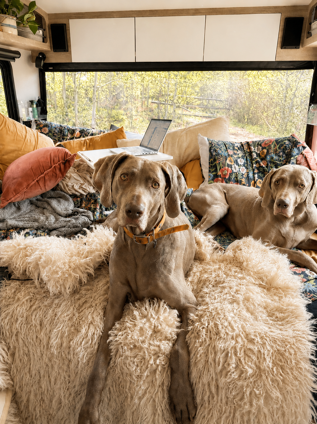 Two Weimaraners curled up in the camper